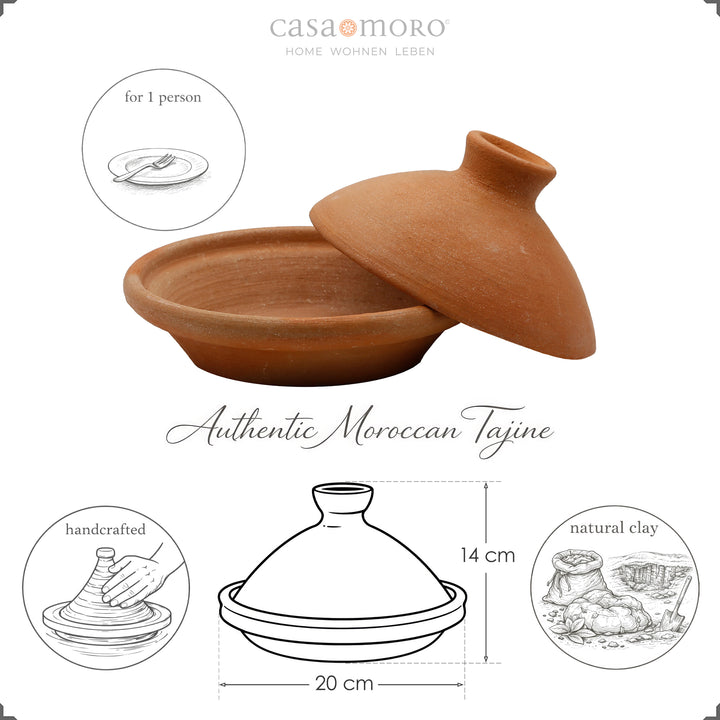 Tagine 20 cm lavet af ler og ler, uglaseret som marokkansk ildfast fad til 1 person