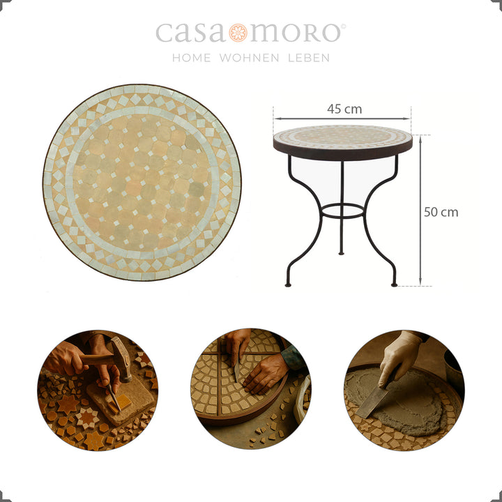 Rundt mosaikbord med hvide terracotta keramiske fliser, håndlavet i Marrakech