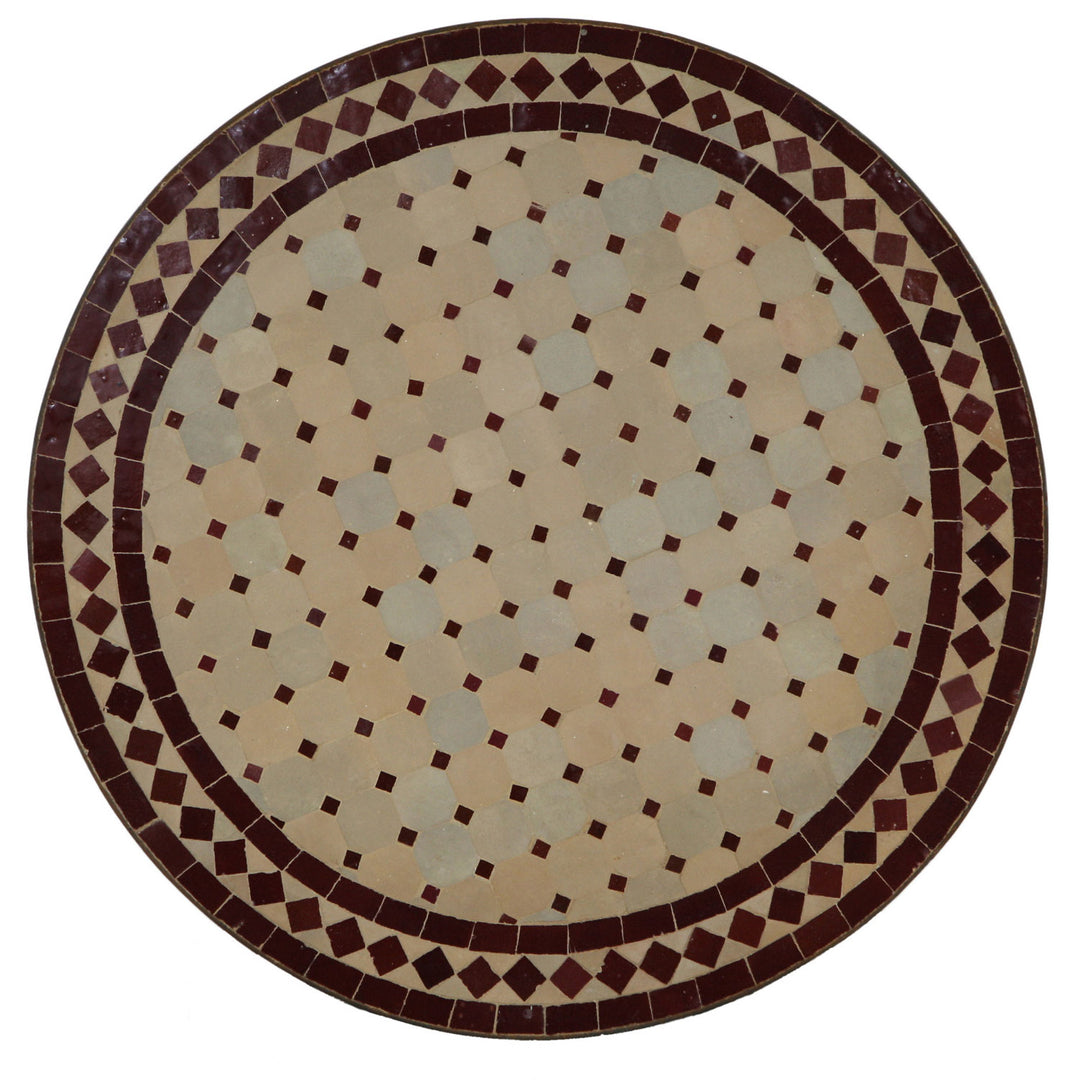 Balkontisch Rund 60 cm mit Zellige-Mosaik in Bordeaux-Terracotta – handgefertigter Mosaiktisch für Garten oder Terrasse