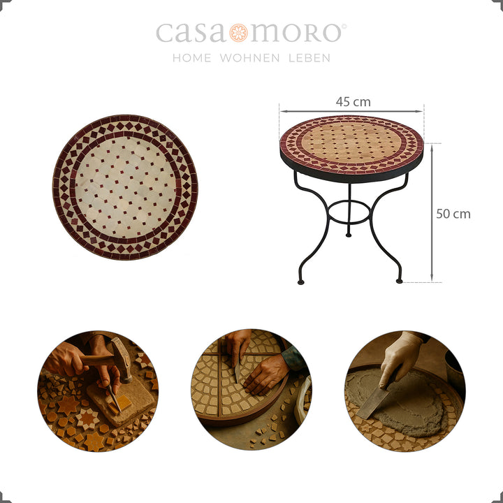 Sidebord med Zellige mosaik i Bordeaux terracotta, fleksibelt til køkkenet, haven, gangen eller terrassen