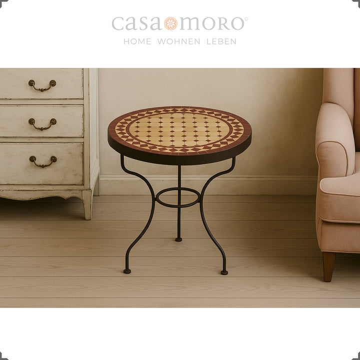Opbevaringsbord med Bordeaux terracotta mosaik, 45 cm diameter, bordhøjde 50 cm