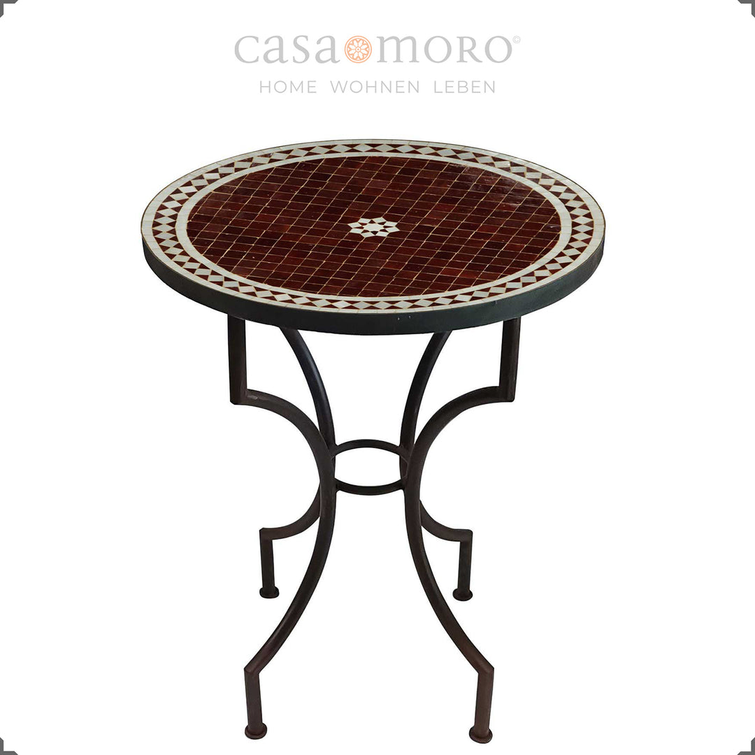Havebord Ø 60 cm med Zellige mosaik i Bordeaux, bistrobord med metalstel