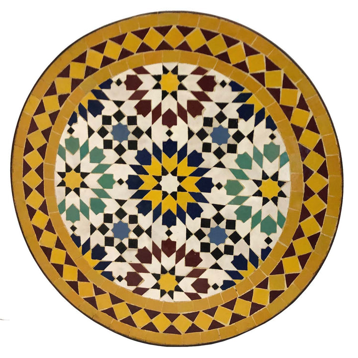 Sofabord rundt 45 cm med multifarvet Zellige mosaik i gul, bordeaux og turkis