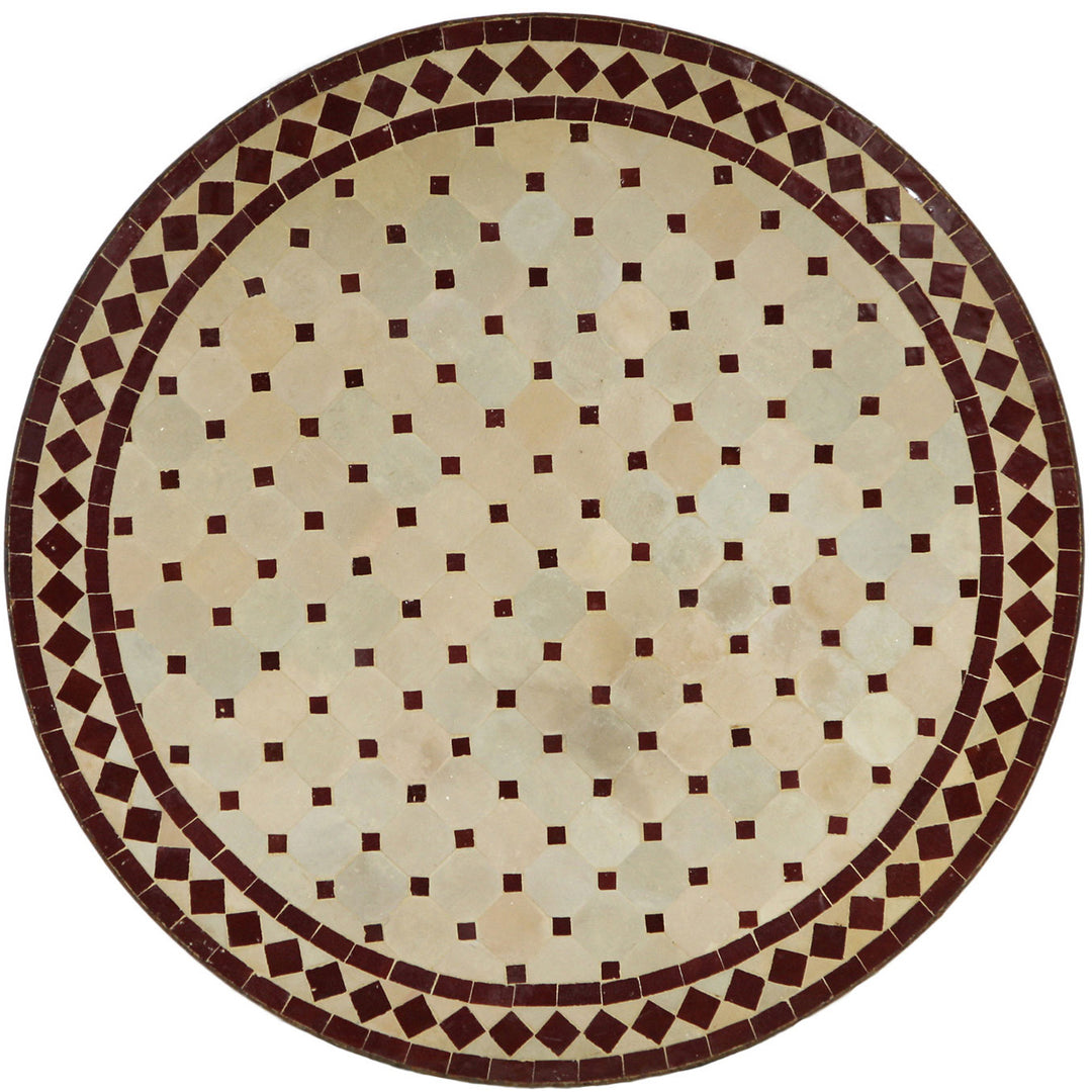 Terrassebord rundt 100 cm med mosaikplade lavet af Zellige fliser i Bordeaux og terracotta