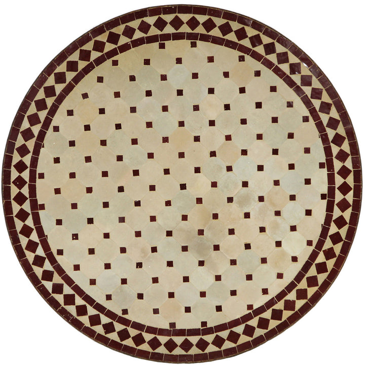 Terrassebord rundt 100 cm med mosaikplade lavet af Zellige fliser i Bordeaux og terracotta