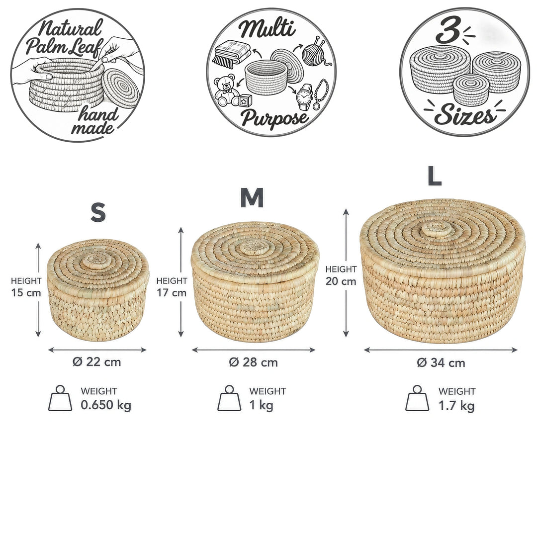 Kurve af palmeblade med låg: S Ø 22 × 15 cm, 3,5 liter; M Ø 28 × 17 cm, 7 liter; L Ø 34 × 20 cm, 15 liters rumfang.