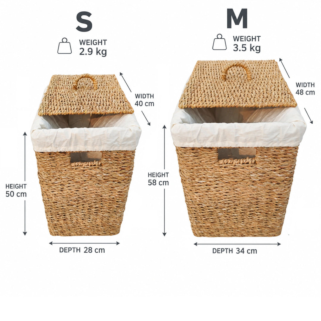 Opbevaringskurve med låg: S med 50 liter, 40×28×50 cm, 2,9 kg; M med 90 liter, 48×34×58 cm, 3,5 kg (B×D×H).