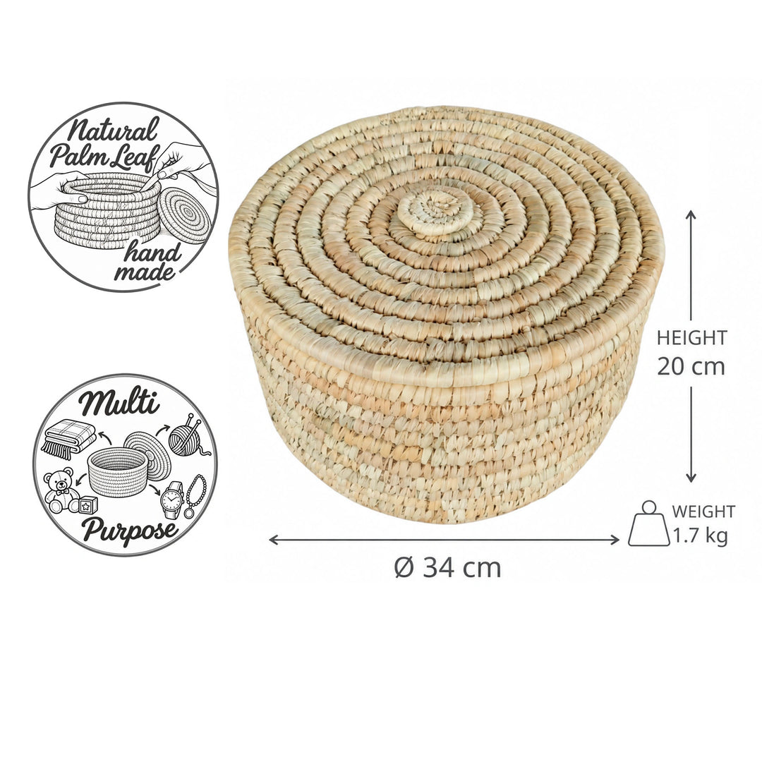 Opbevaringskurv med låg af palmeblad, størrelse L: Ø 34 cm, 20 cm høj, 15 liter rumfang og 1,7 kg vægt.