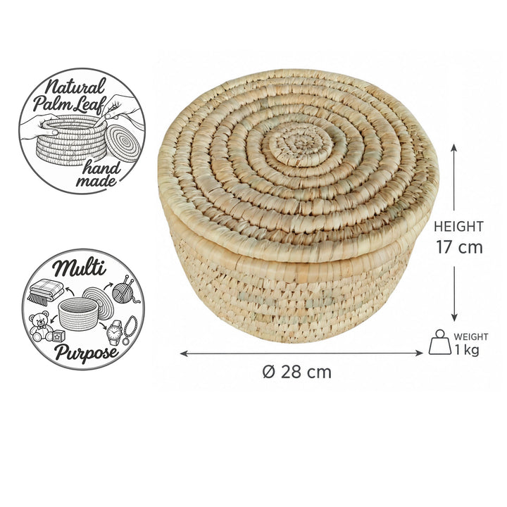 Håndflettet opbevaringskurv med låg af palmeblad, størrelse M: Ø 28 cm, 17 cm høj og vejer 1 kg.