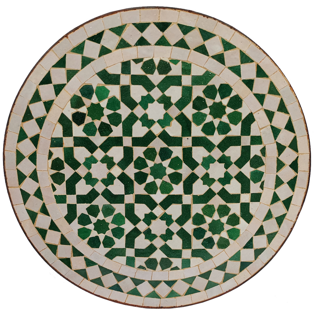 Balkonbord lille rundt 45 cm med grøn og hvid zellige mosaik og orientalsk mønster