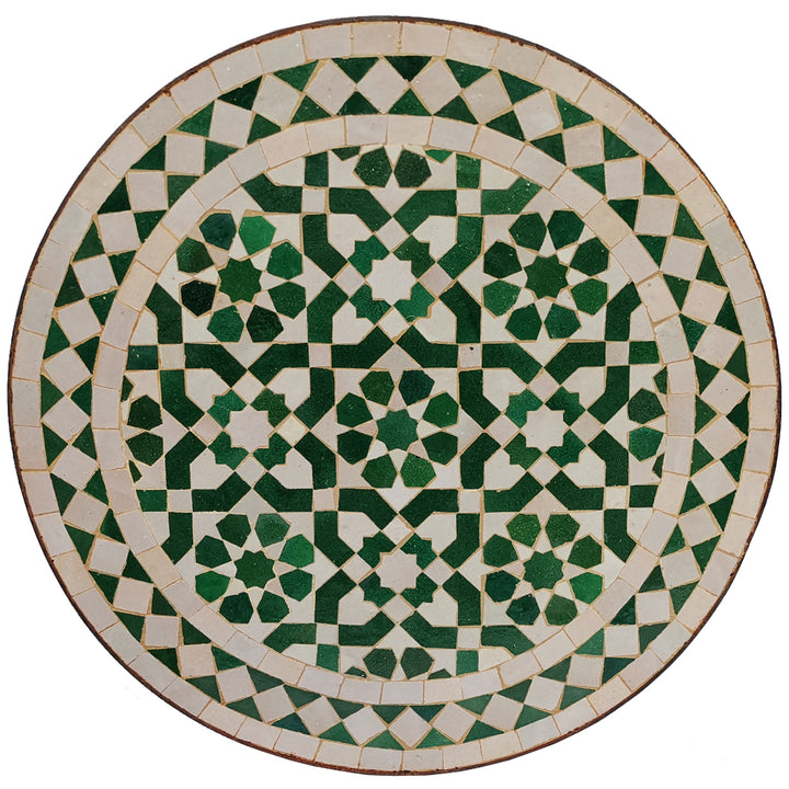 Balkonbord lille rundt 45 cm med grøn og hvid zellige mosaik og orientalsk mønster