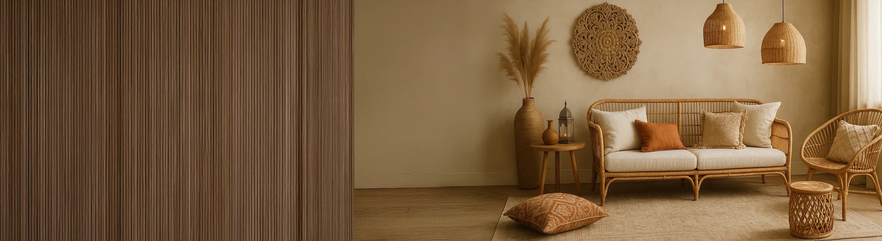 Boho stil – Chic stue i Boho-stil med rattanmøbler, naturlige toner, vævede puder, vævede lamper og marokkanske dekorative accenter
