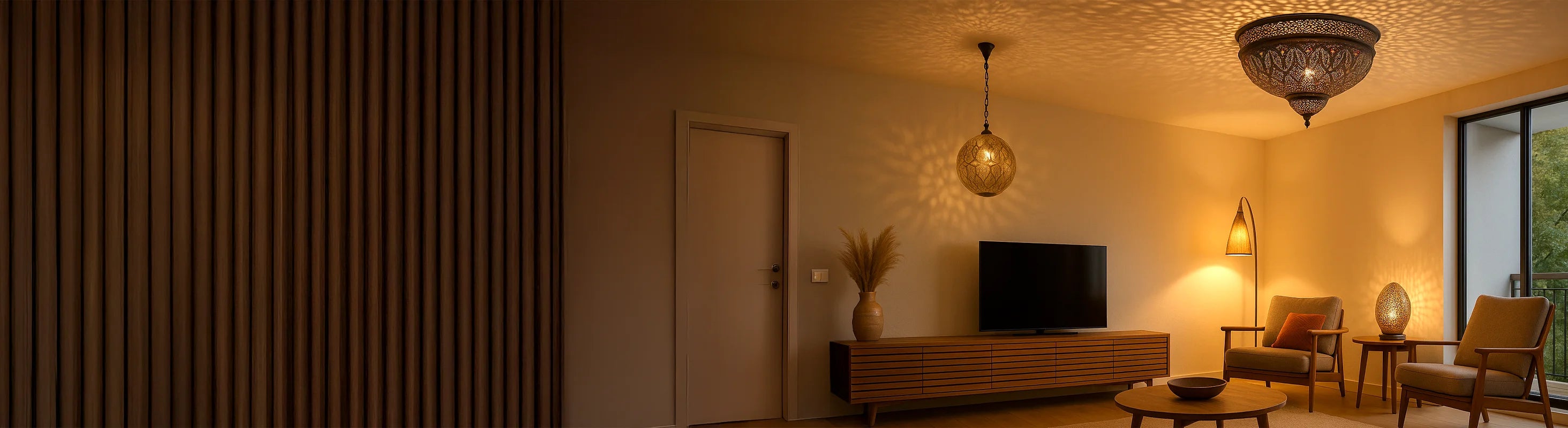 Loftslamper – Stue med håndlavede loftslamper, gulvlampe og bordlampe - stemningsfuld belysning i en varm atmosfære