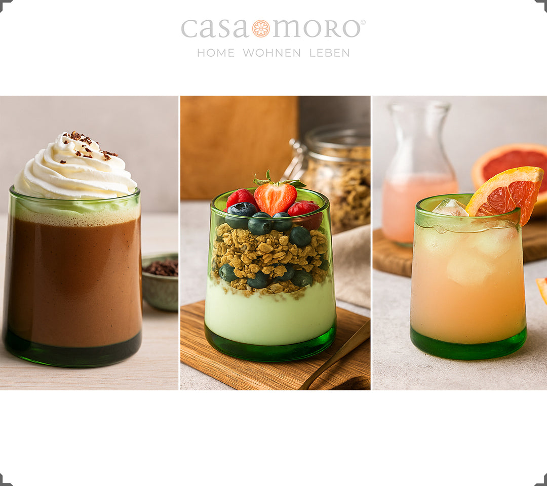 Grønt glas fyldt med dessert - ideel til lagdelte cremer og mousse