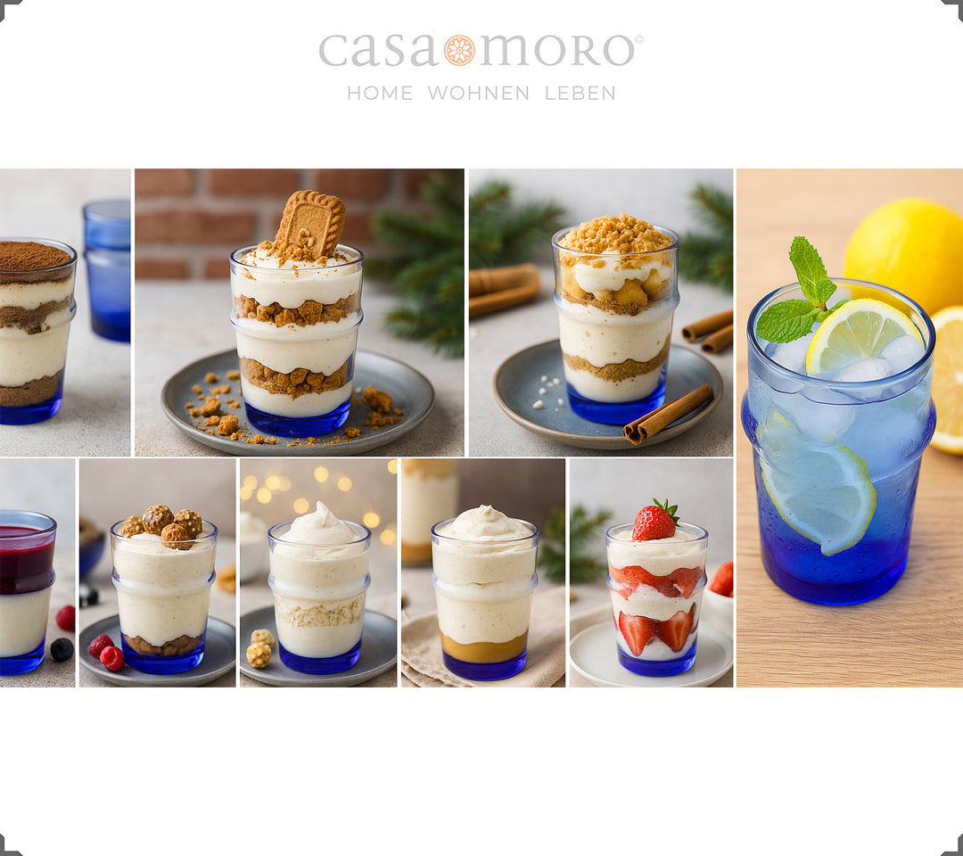 Sæt med glas i blåt serveret med forskellige desserter - perfekt som dessertglas til cremede kreationer