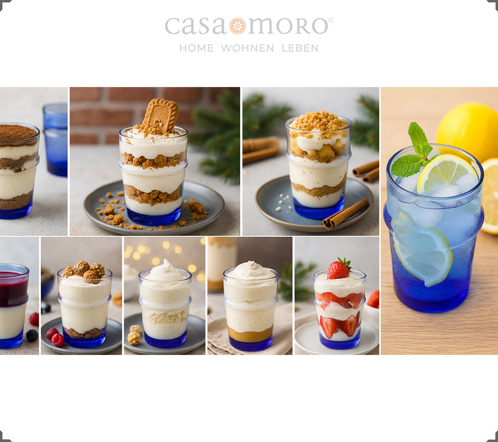 Sæt med glas i blåt serveret med forskellige desserter - perfekt som dessertglas til cremede kreationer