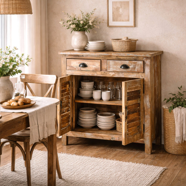 Massivt træ highboard i spisestuen med åbne døre, fade i interiøret, varm levende scene