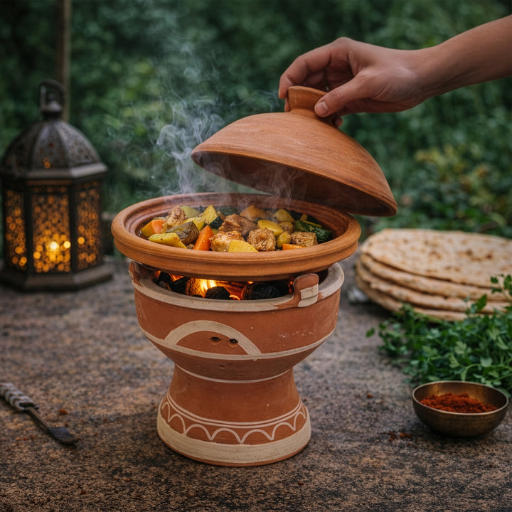 Tagine på mejmar lervarmer til kul, marokkansk bordgrill med åbne gløder til tagine