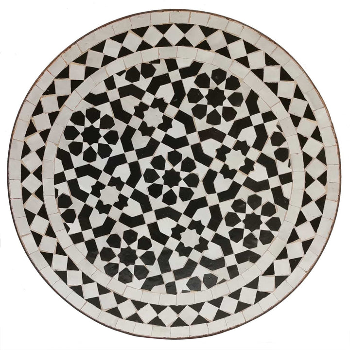 Havebord lille rundt 45 cm med sort/hvid zellige mosaik og smedejernsstel