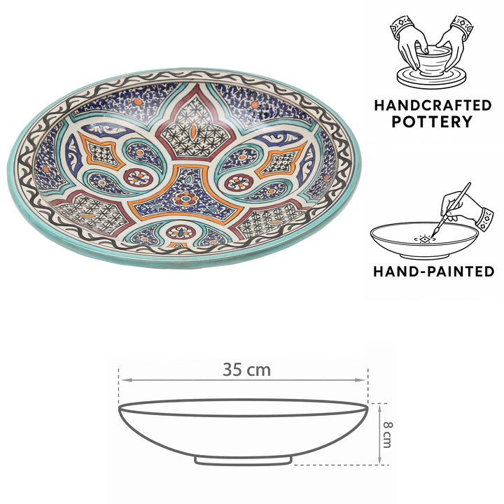 Håndmalet og håndlavet marokkansk keramikskål fra Fès med farverige blomster- og geometriske mønstre, Ø 35 cm og 8 cm høj
