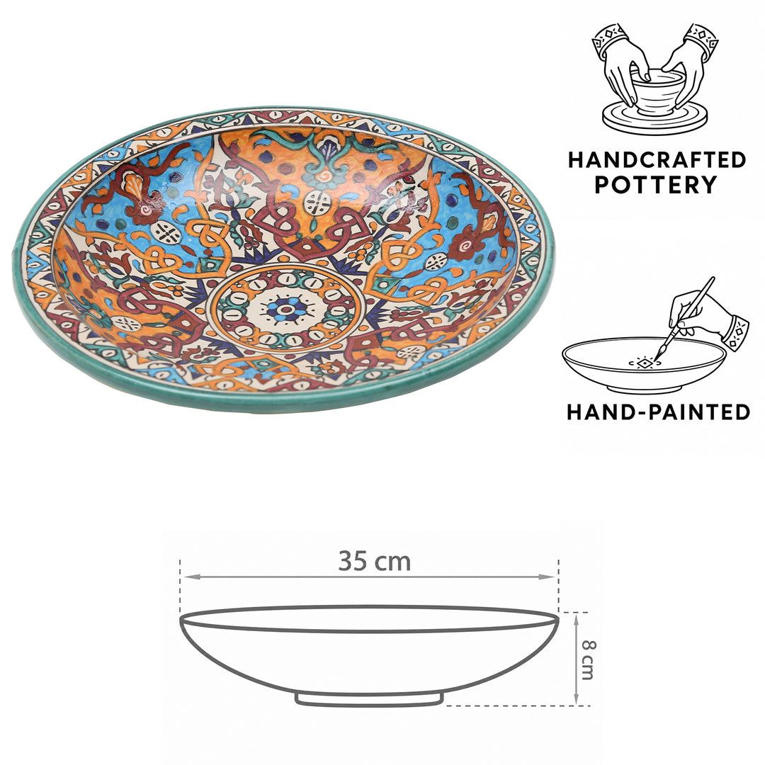 Håndmalet marokkansk keramikskål fra Fès med blomster- og geometriske mønstre, Ø 35 cm og 8 cm høj