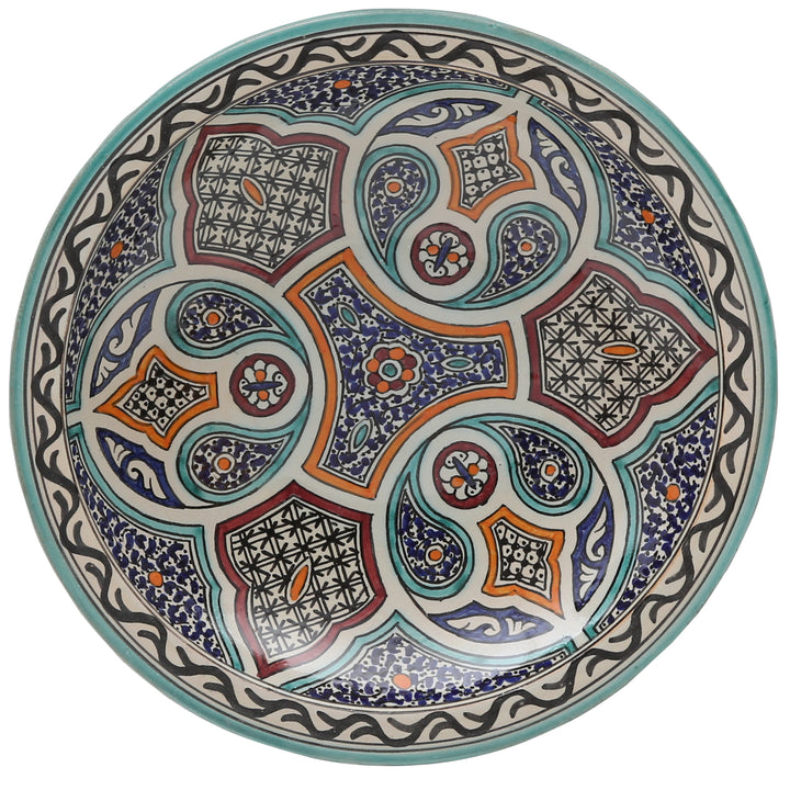 Marokkansk keramikskål fra Fès – turkis-orange – Ø 35 cm