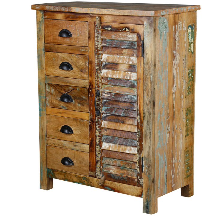 Massivt træ highboard med skuffer og dør, patchwork front, isoleret på hvid baggrund