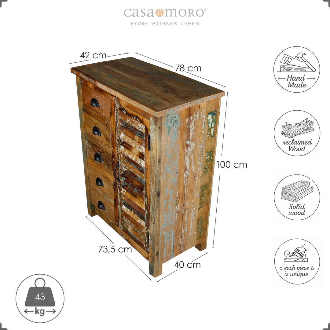 Målskitse af et highboard lavet af massivt træ, højde 100 cm, bredde 73,5 cm, dybde 40 cm, isoleret