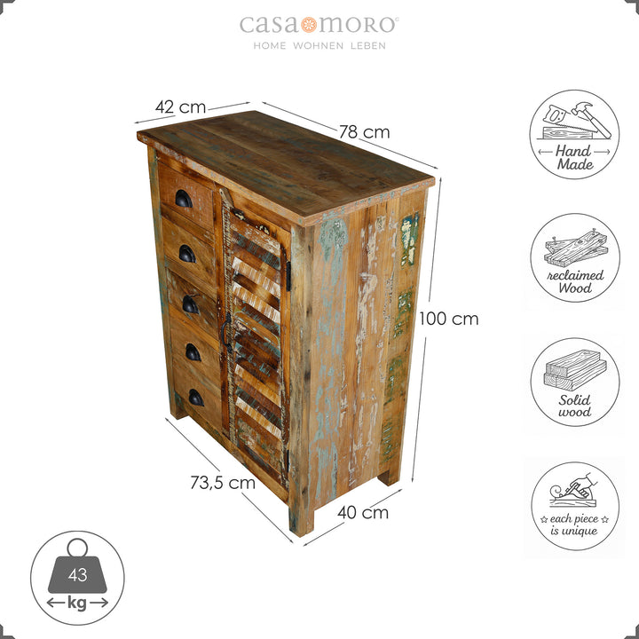 Målskitse af et highboard lavet af massivt træ, højde 100 cm, bredde 73,5 cm, dybde 40 cm, isoleret