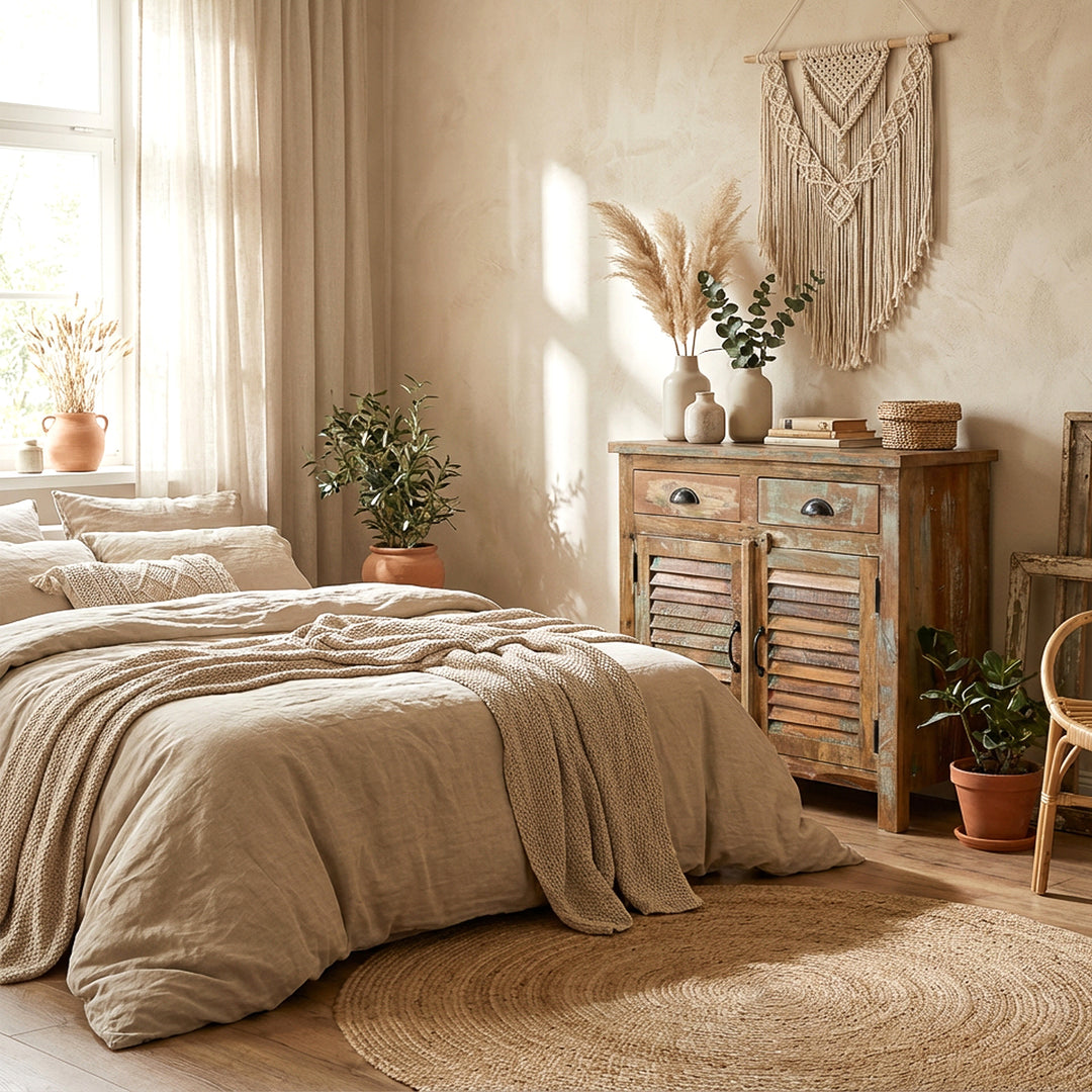 Highboard lavet af massivt træ i soveværelset, boho stil, naturlige tekstiler, varmt lys