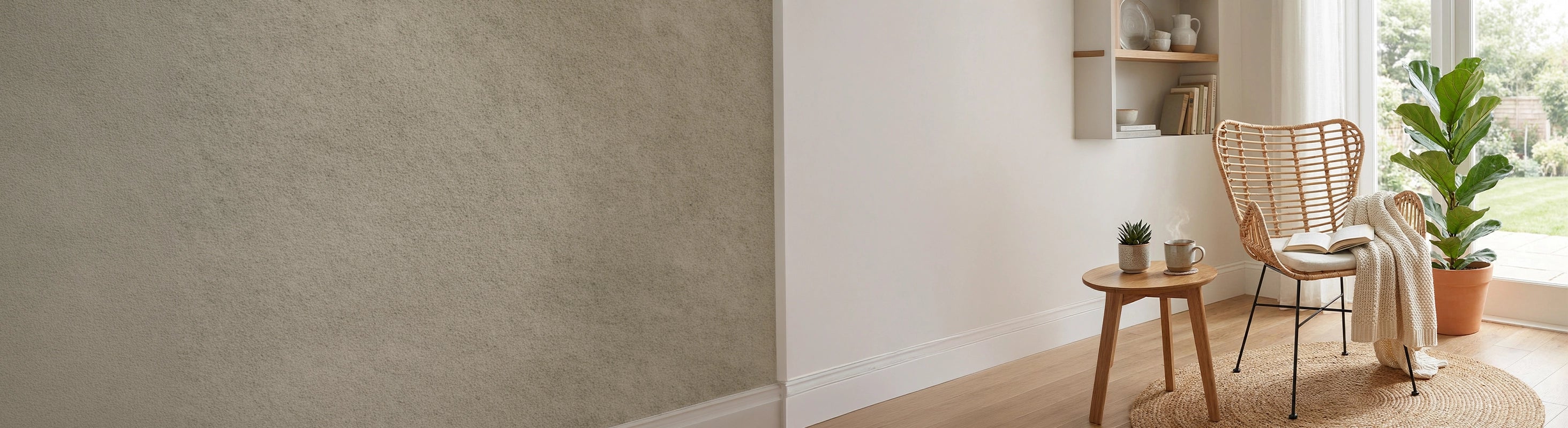 Træ & rattan stole – Rattan stol med træ sidebord i stuen - træ og rattan stole til naturlige opholdsrum