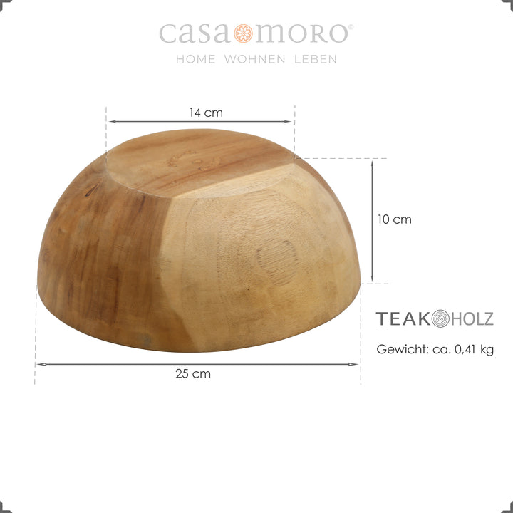 Teak skål med mål – Ø 25 cm, højde 10 cm, vægt ca. 0,41 kg