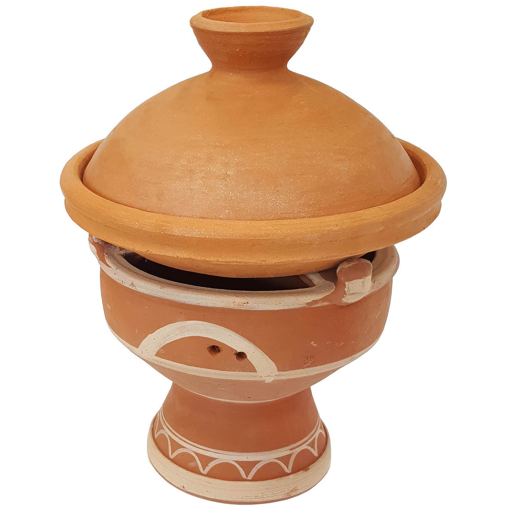 Tagine på marokkansk lervarmer, mejmar til kul som bordgrill til Tagine i marokkansk stil