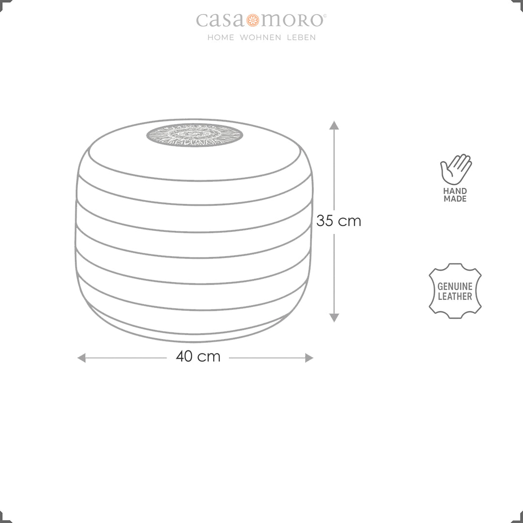 Skitse af den runde læderpuf med mål Ø 40 cm og højde 35 cm samt ikoner til håndværk og ægte læder - Casa Moro Design.