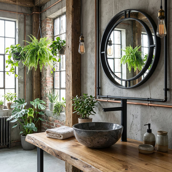 Rund bordplade marmorvask på vaskeskab i træ i industrielt loftsbadeværelse med planter, spejl og sort vandhane
