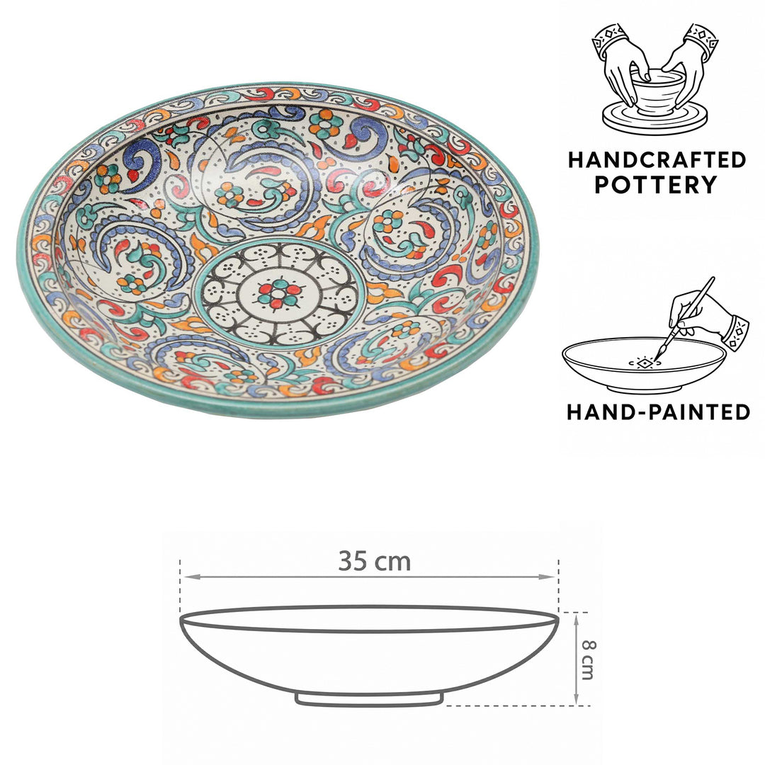 Håndmalet marokkansk keramikskål med turkis kant, blomsterornamenter og mål: Ø 35 cm og højde 8 cm