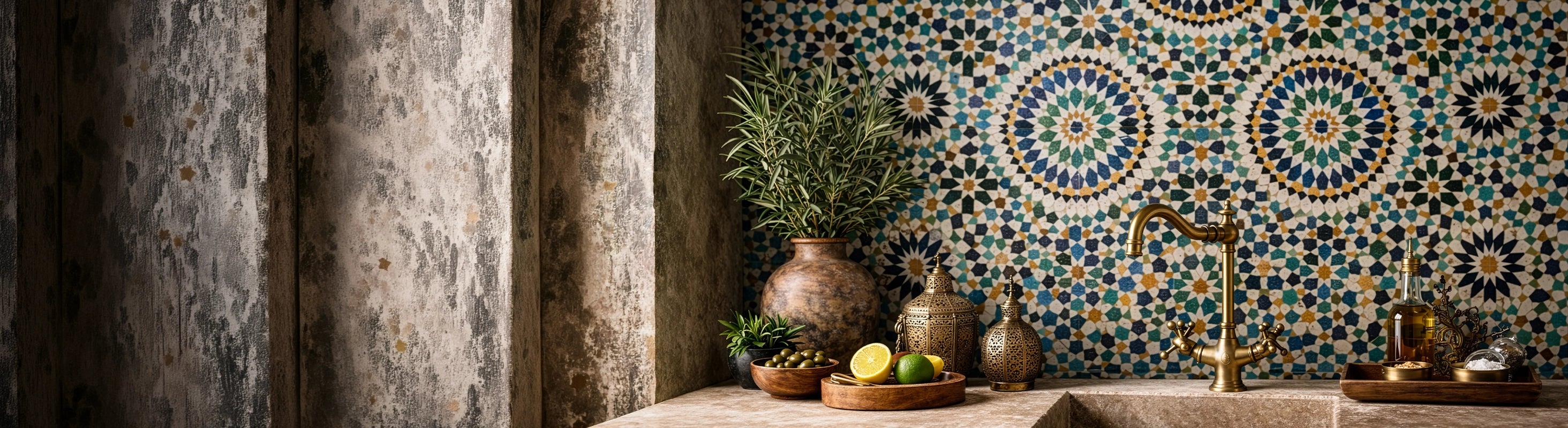 Cellulære fliser – Marokkanske zellige fliser med et traditionelt geometrisk mønster som vægdesign i et orientalsk inspireret køkken