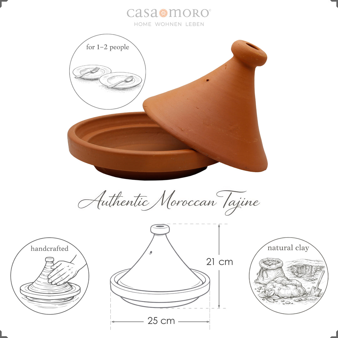 Tajine fra Marokko 25 cm til 1-2 personer, håndlavet og naturligt lavet af ler
