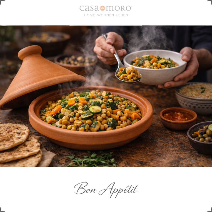 Uglaseret tajine fra Marokko 30 cm med vegetaropskrift og aromatisk krydderi