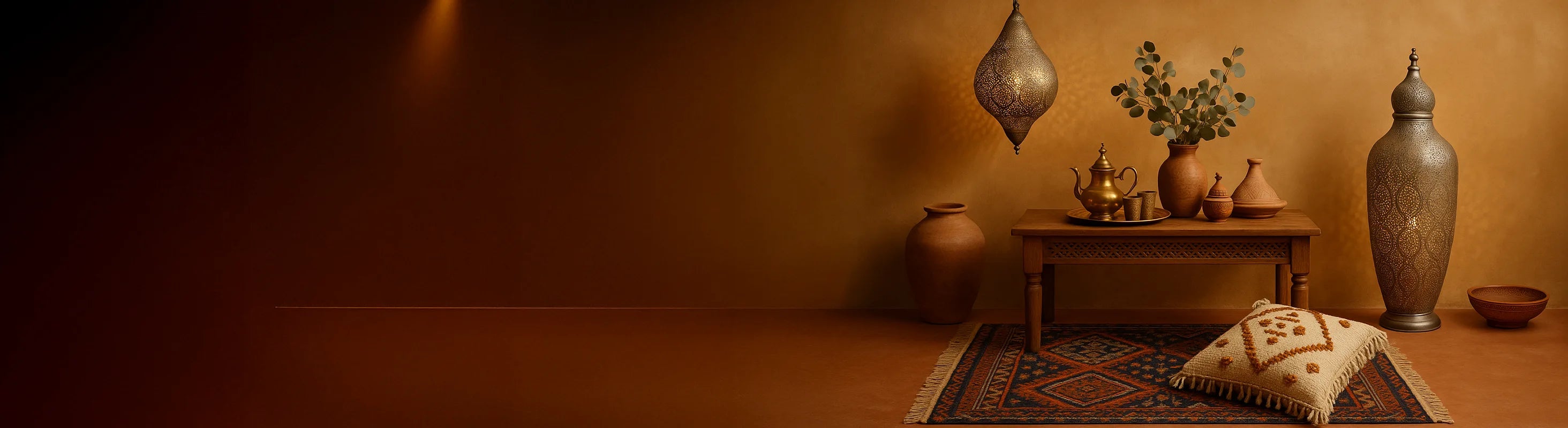 Marokko – Marokkansk dekorativt arrangement med orientalske hængelamper, terracotta kar, udskårne ornamenter, tagine og messingbakke.