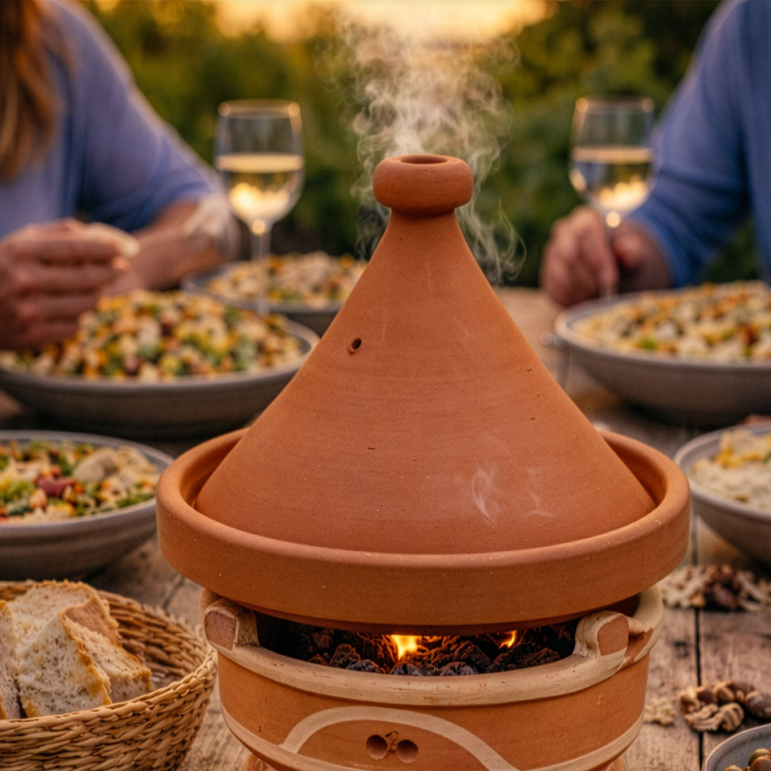 Mejmar lervarmer til kul, marokkansk bordgrill med tagine og åbne gløder, når man spiser sammen
