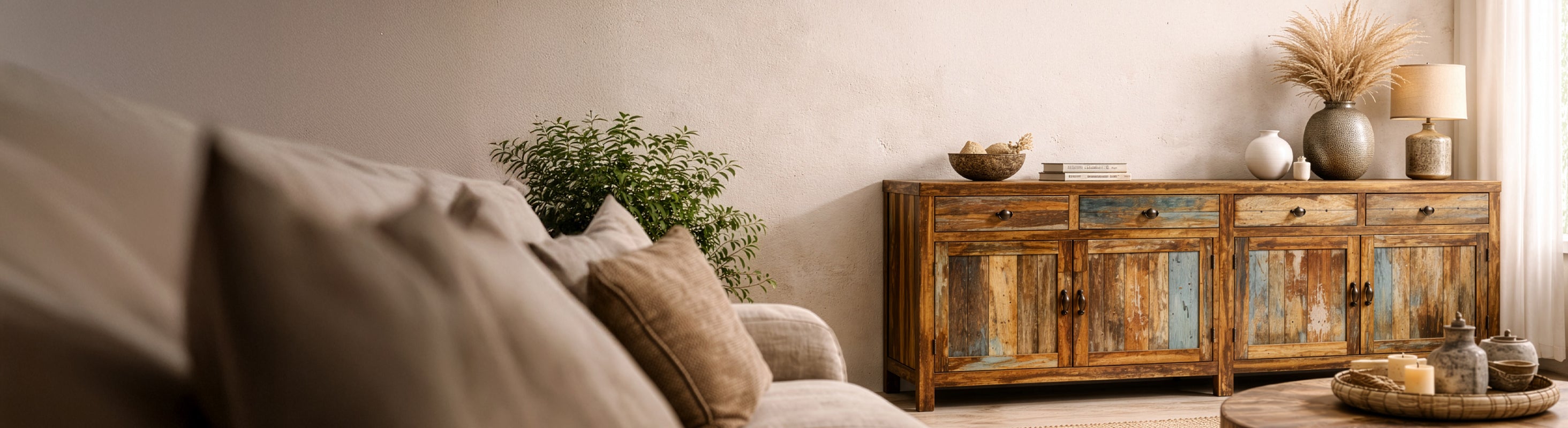 Møbler i massivt træ – Banner fra Creative Collection med HÅNDLAVDE møbler lavet af massivt træ og mango genvundet træ i vintage boho stil
