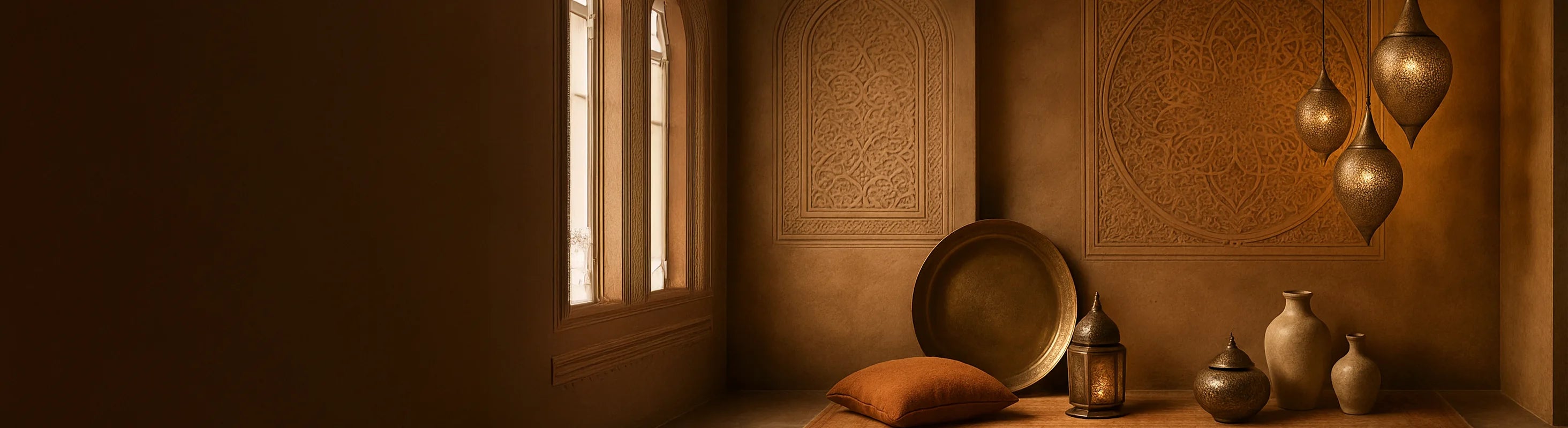 Orientere – Orientalsk scene med varme jordfarver, delikate metallamper, udskårne ornamenter, orientalske vaser og dekorativt tilbehør