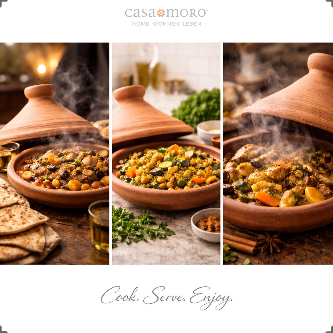 Tajine fra Marokko 25 cm med lam, kylling og vegetarisk variant, aromatisk krydret