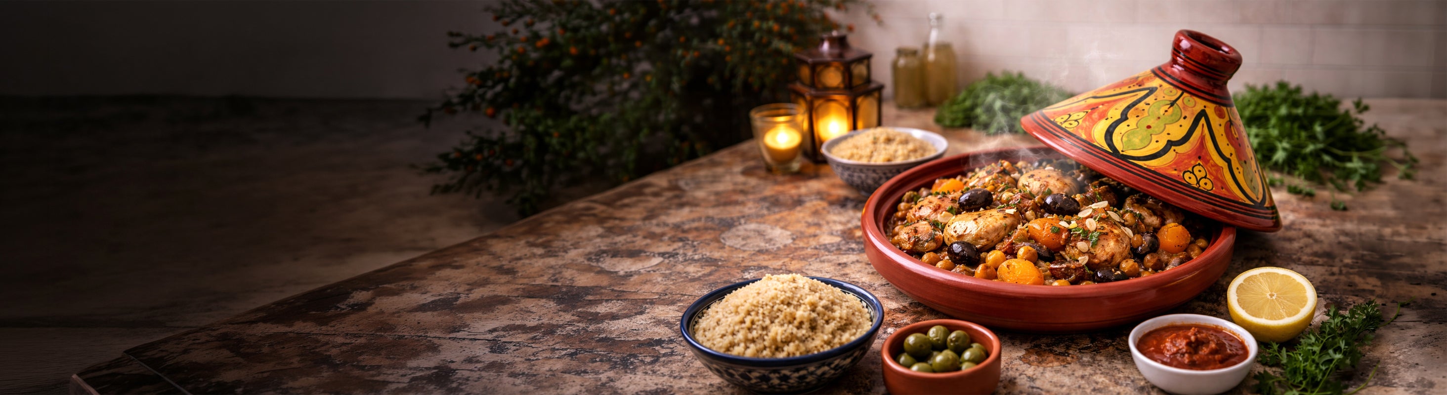 Tagine – Marokkansk tagine som en traditionel lergryde med malet låg, fyldt med kylling, grøntsager og oliven.