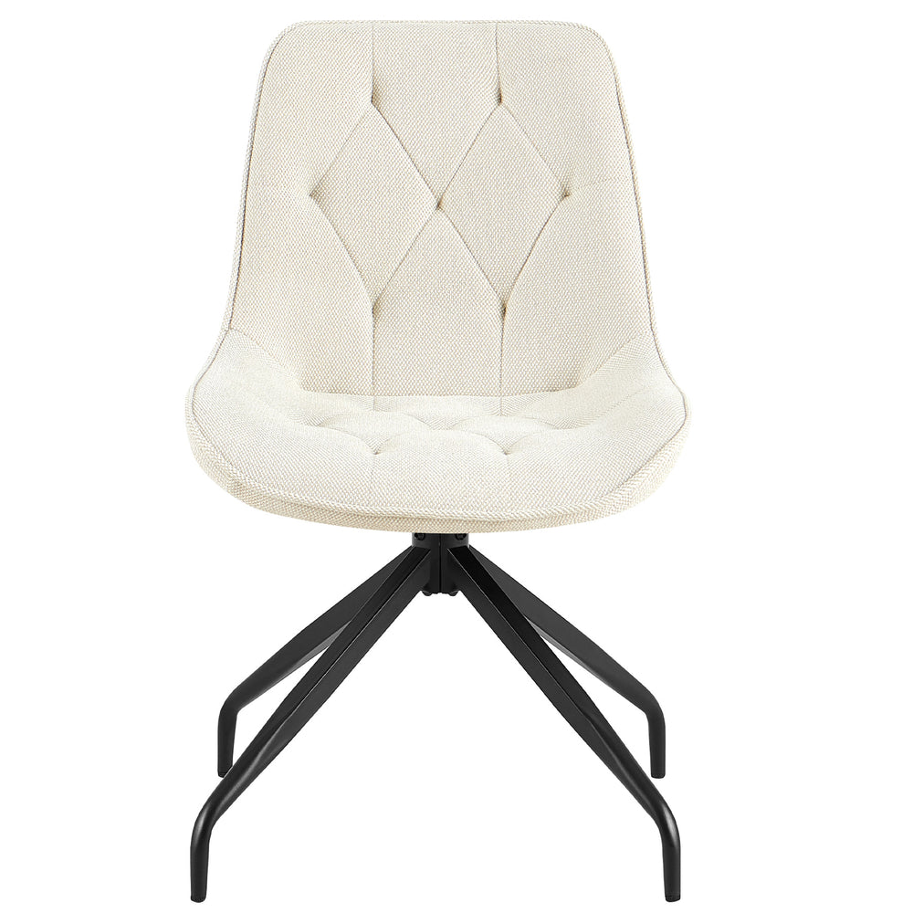 Set forfra af den polstrede stol, der kan drejes 360° i beige med sort metalstel - elegant spisestuestol med diamantquiltning og ergonomisk sædeform