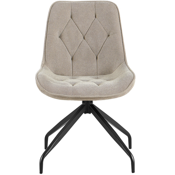 Set forfra af den polstrede stol, der kan drejes 360° i brun med sort metalstel - elegant spisestuestol med diamantquiltning og en behagelig sædeform