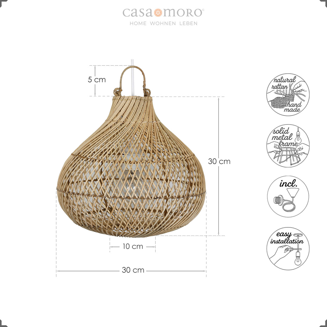 Måltegning af den håndlavede loftslampe i rattan med ikoner for materiale, montage og tilbehør
