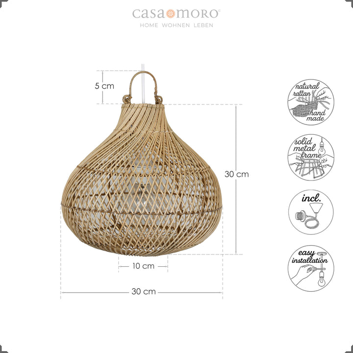 Måltegning af den håndlavede loftslampe i rattan med ikoner for materiale, montage og tilbehør