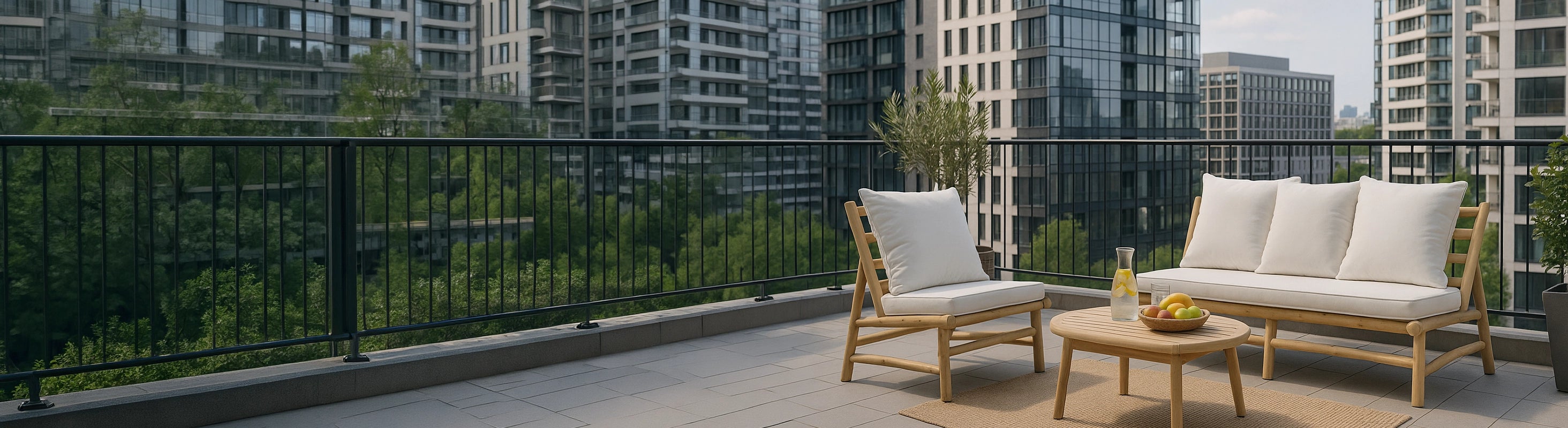 Lænestole og sofaer – Teak lænestol og sofa med polstring på moderne balkon med udsigt over byen - komfortable loungemøbler til udendørs brug